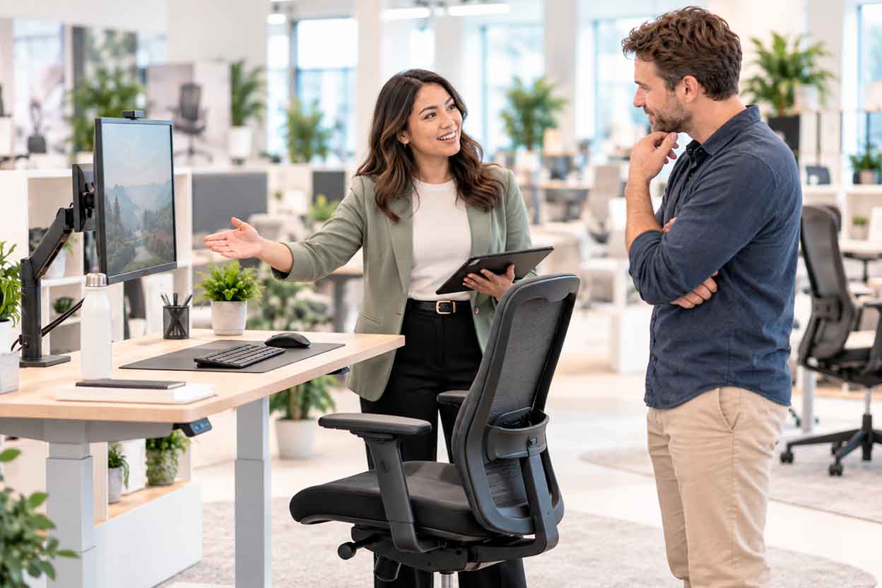 Beraterin erklärt einem Kunden die ergonomische Ausstattung eines modernen Büroarbeitsplatzes